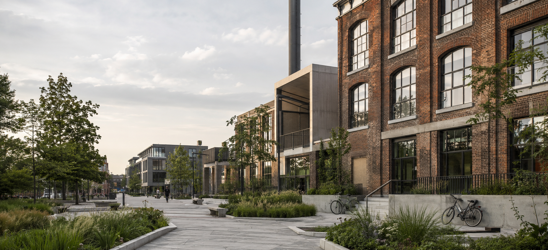 Herontwikkeld stedelijk gebied met bestaand vastgoed, nieuwbouw en groen